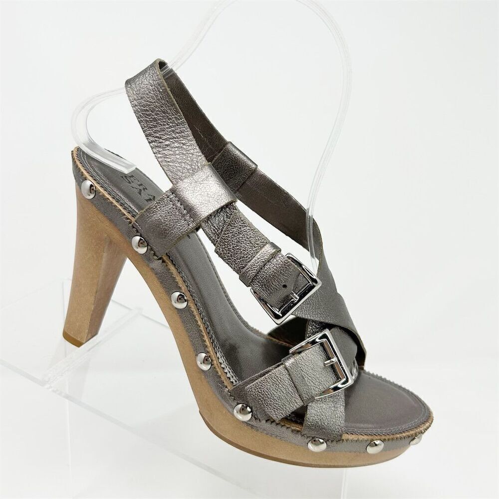 Franco Sarto Strappy Slingback Silver Leather Studded Platform Heels Size 7.5